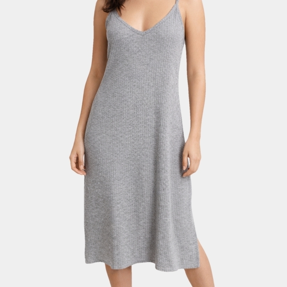 Venus Gray V-Neck Ribbed Sleeveless Side Slits Midi Tank Dress Size S